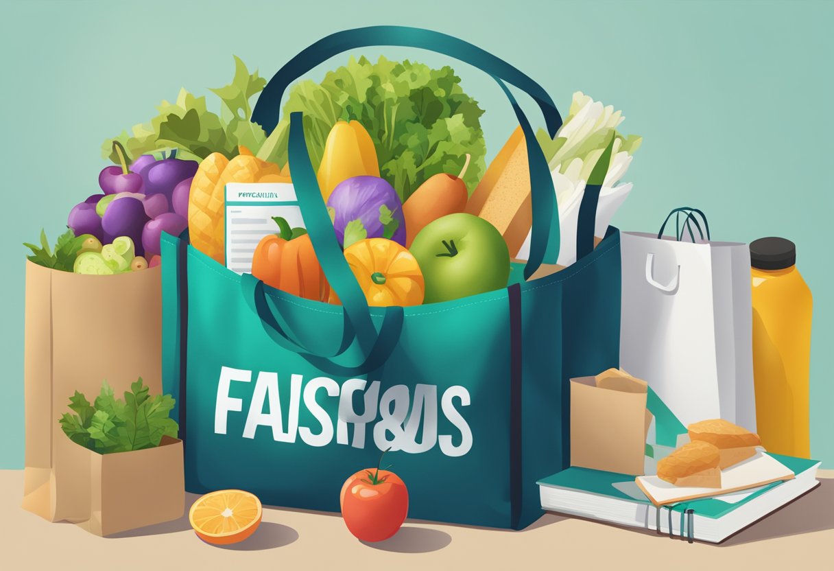 A reusable tote bag with "Frequently Asked Questions" printed on it, surrounded by various everyday items like groceries and books