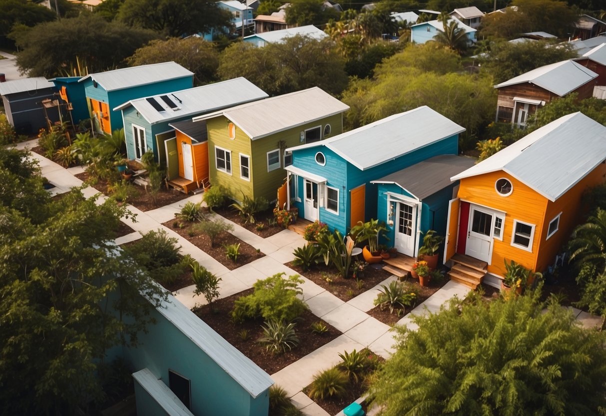 Aerial view of colorful tiny homes clustered in a lush Tampa community, with communal spaces and amenities scattered throughout