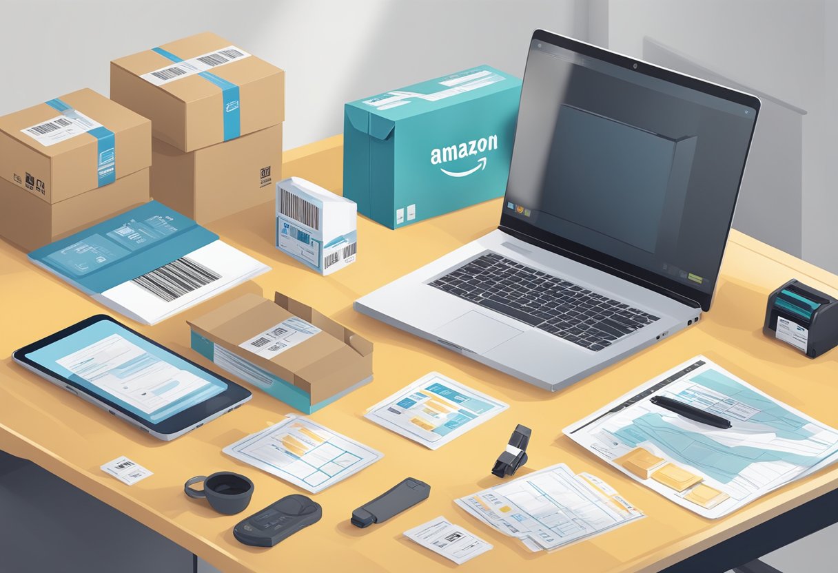 Various Amazon FBA tools scattered on a desk with a laptop, barcode scanner, packaging materials, and shipping labels