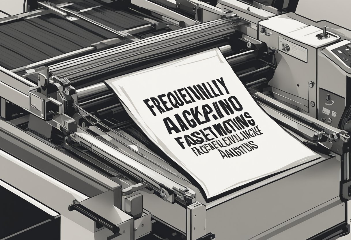 A canvas bag being printed with "Frequently Asked Questions" in bold lettering using a screen printing machine