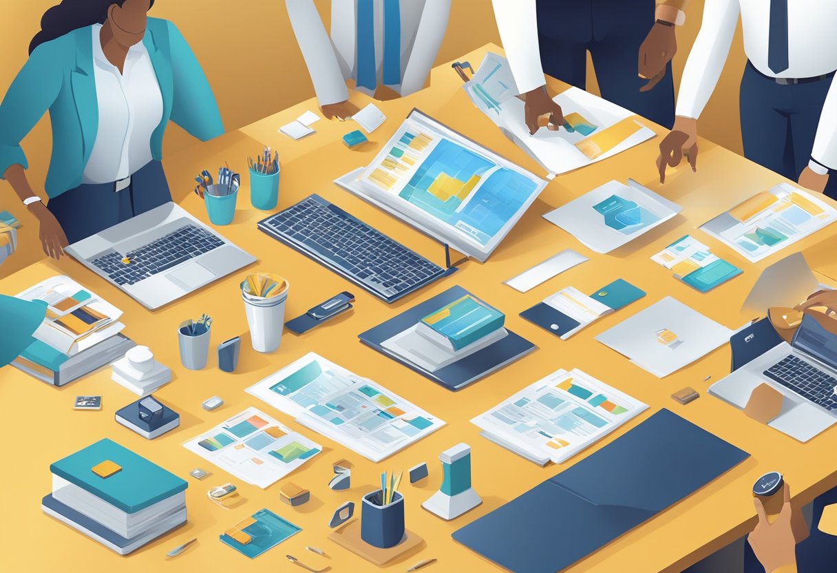 A table with branded corporate gifts, surrounded by a group of professionals discussing and selecting items