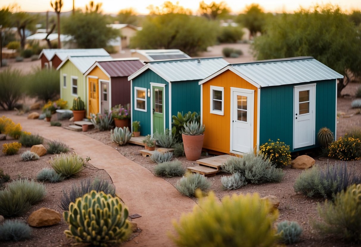 A cluster of colorful tiny homes nestled among desert landscape in Tempe, Arizona. Community garden and communal gathering space in the center