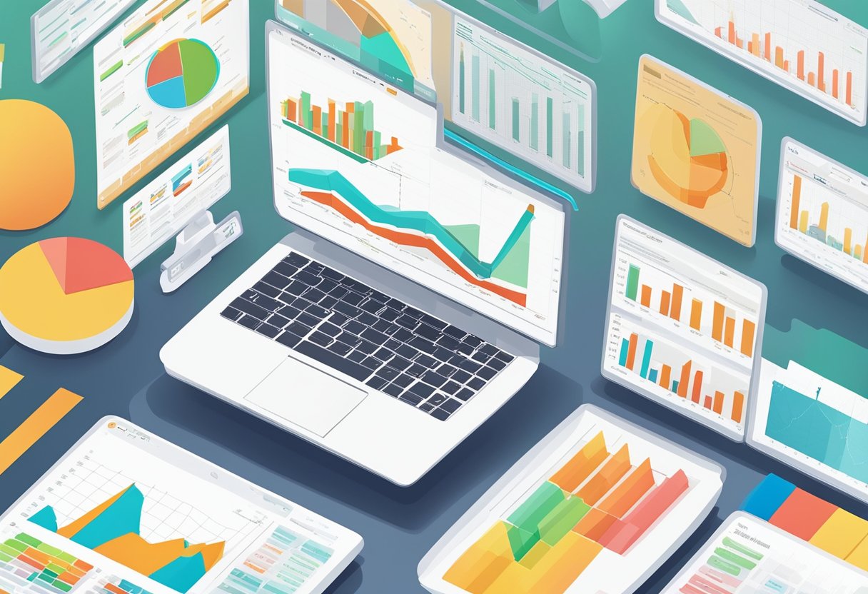 Various charts, graphs, and data tables on a computer screen, showing market trends and analysis tools for Amazon FBA