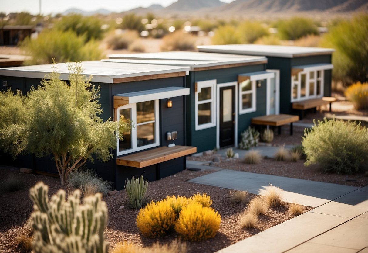 A cluster of tiny homes nestled in a sunny Tempe neighborhood, surrounded by desert landscaping and communal gathering areas