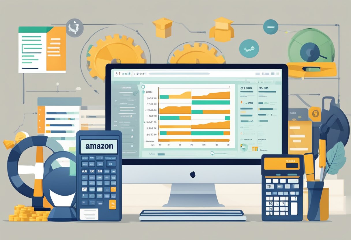 Various financial tools, such as profit calculators and inventory management software, are displayed on a computer screen with the Amazon FBA logo in the background