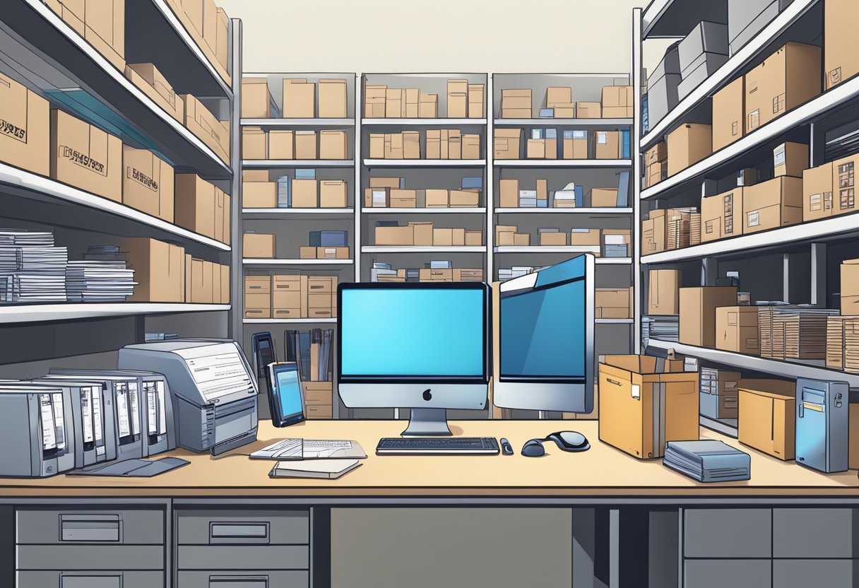 An organized workspace with a computer, barcode scanner, and inventory shelves for Advanced FBA Strategies