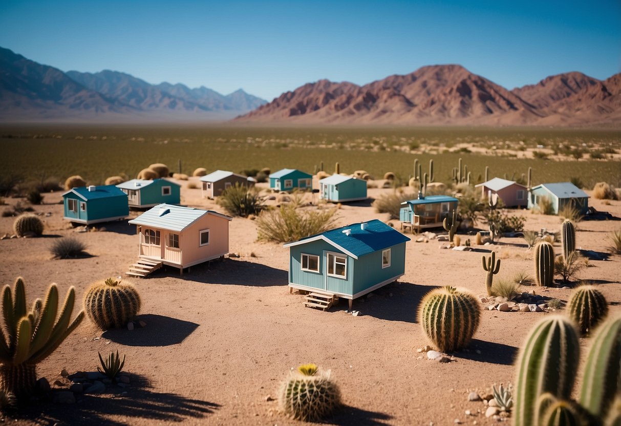 A group of tiny homes nestled in a desert landscape, surrounded by cacti and mountains, with a clear blue sky overhead