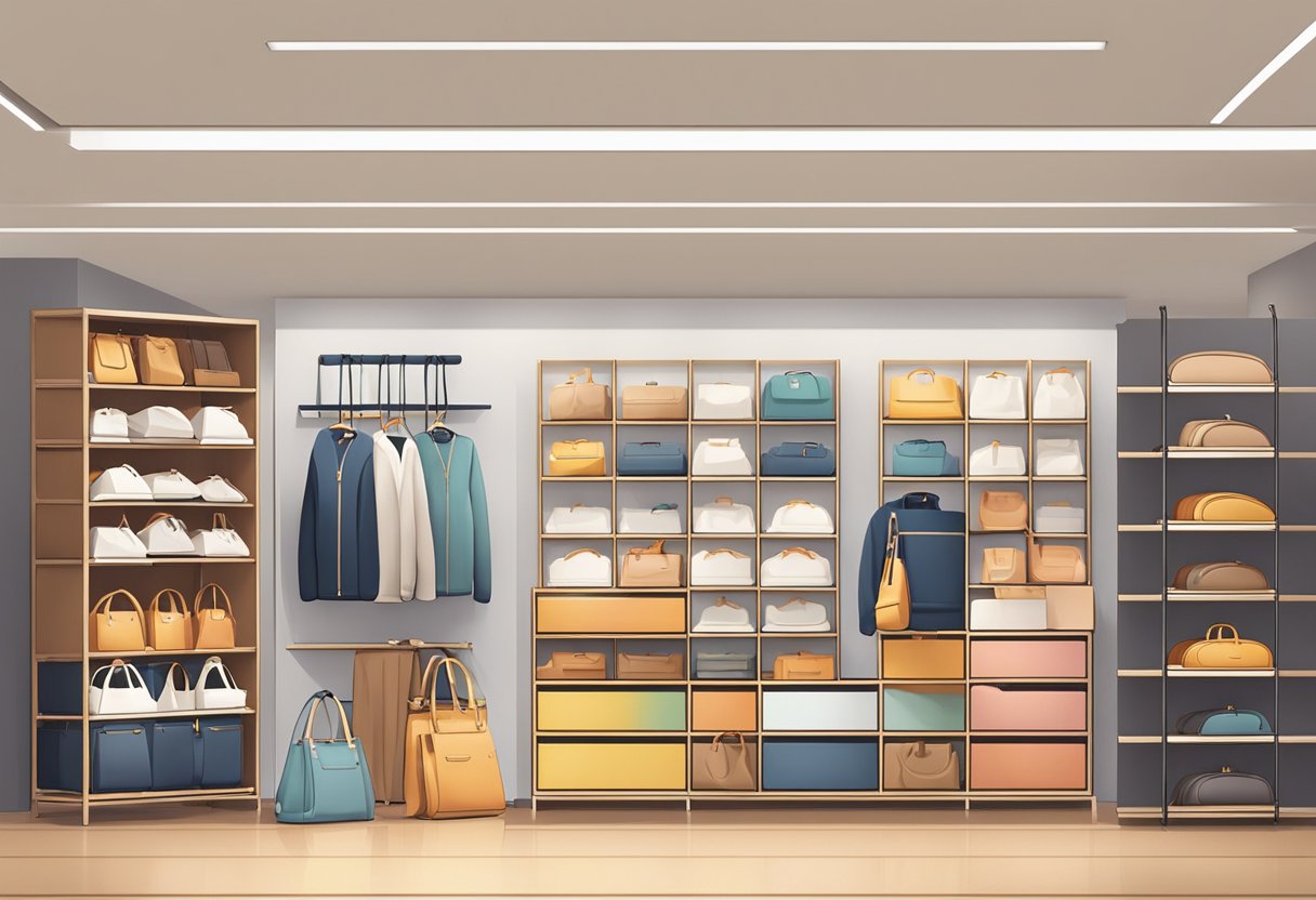 A chest bag supplier arranging various styles of bags on display shelves in a well-lit showroom