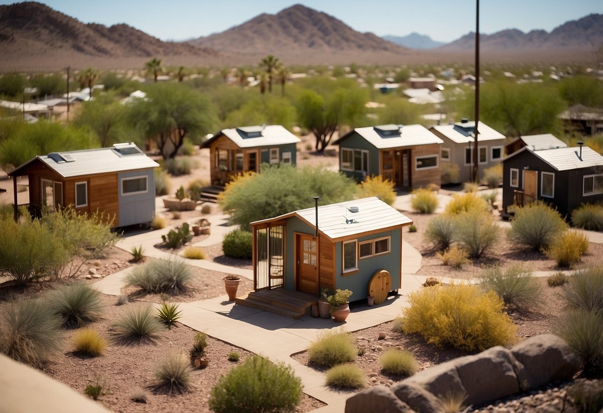 A cluster of tiny homes surrounded by desert landscape, with a central gathering area and communal gardens. A sign at the entrance reads "Frequently Asked Questions tiny home communities in Tempe, Arizona."