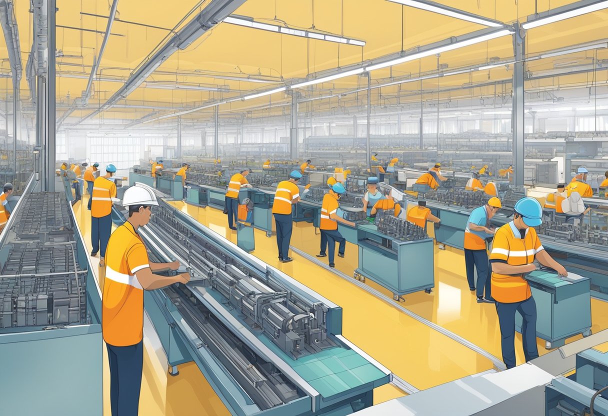 Machinery hums in a spacious factory, with rows of workers assembling and stitching chest bags. Materials and finished products line the shelves