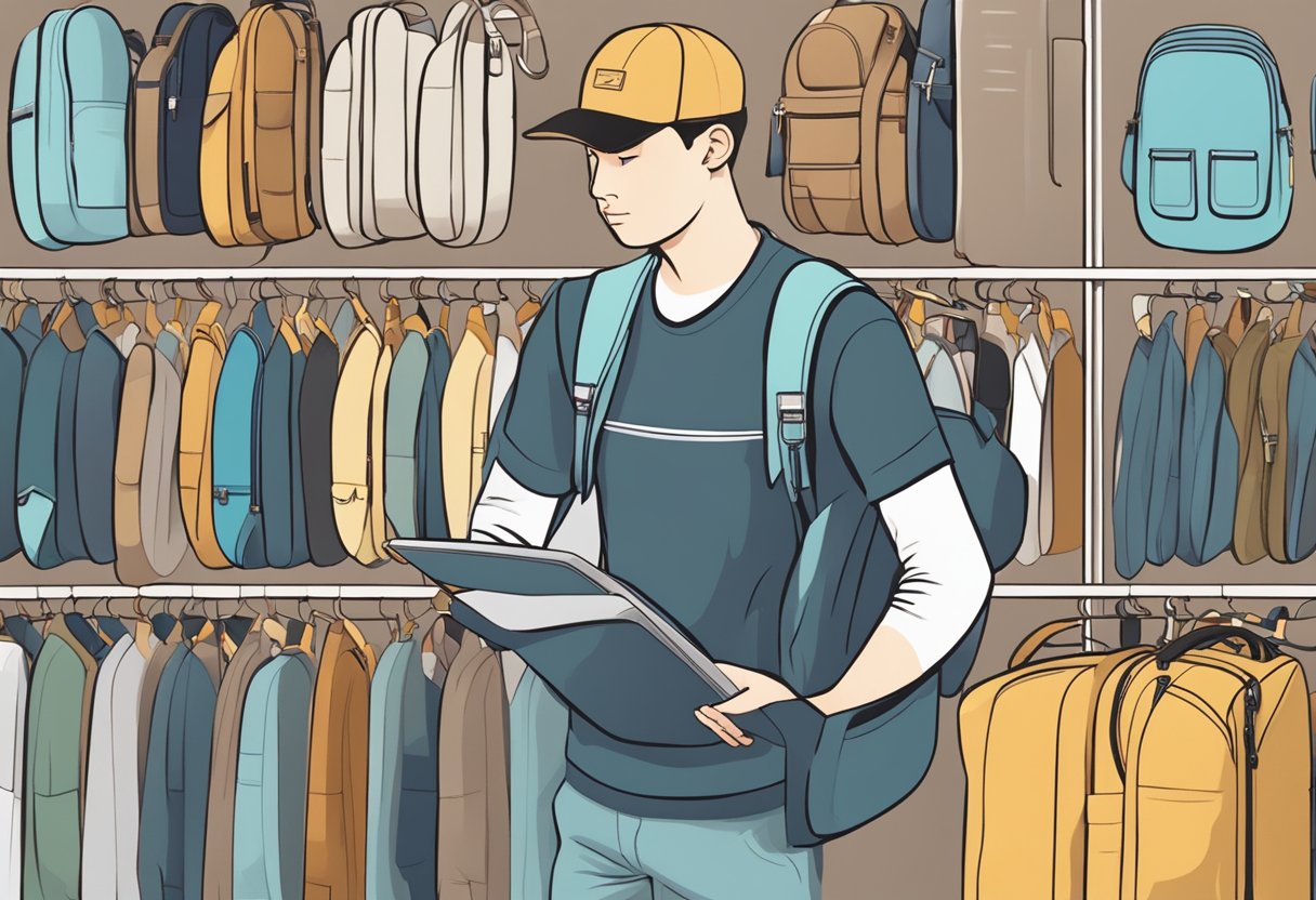 A person browsing through various chest bag designs from different suppliers