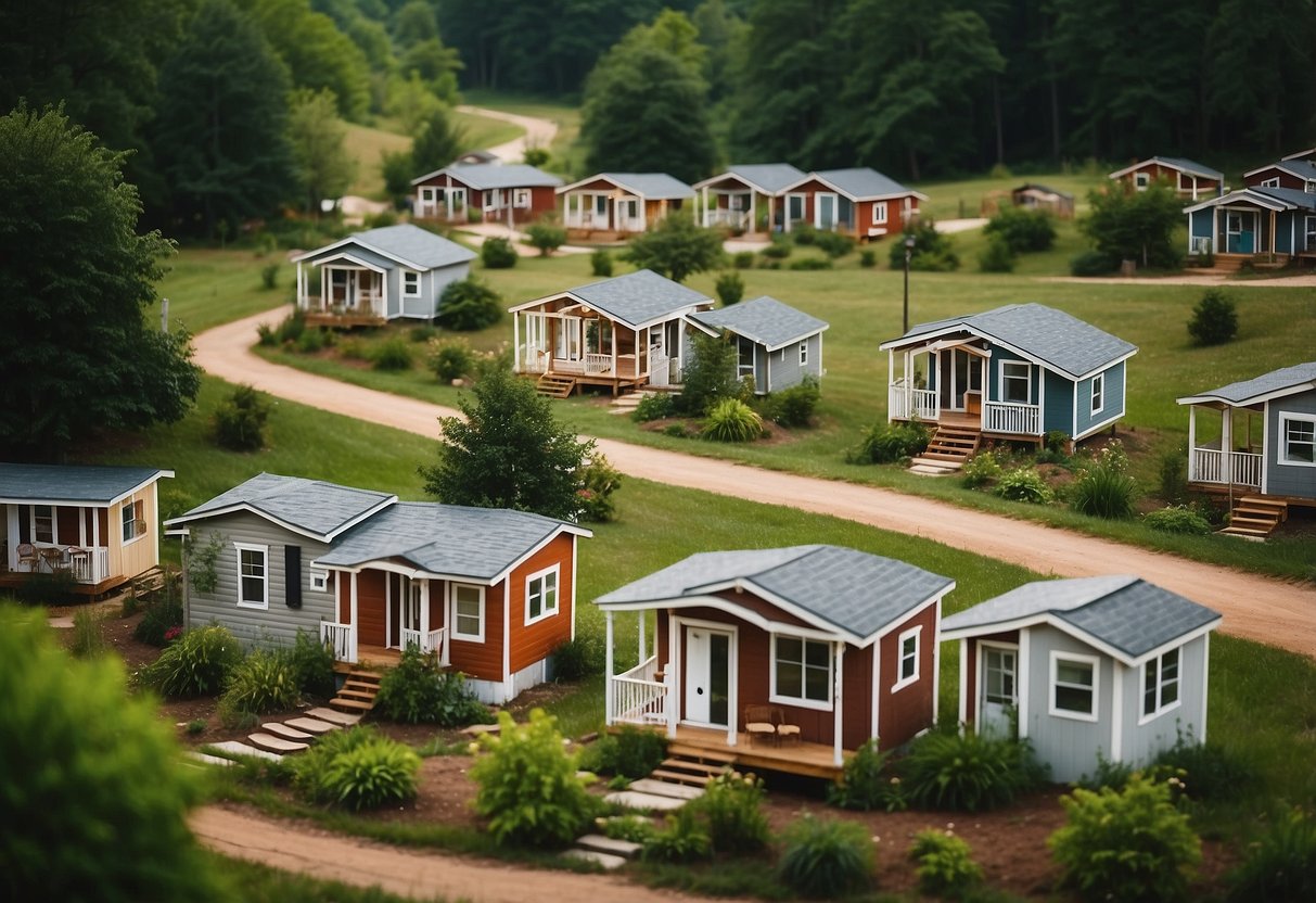 A cluster of tiny homes nestled in a lush Tennessee landscape, with winding pathways and communal spaces for residents to gather