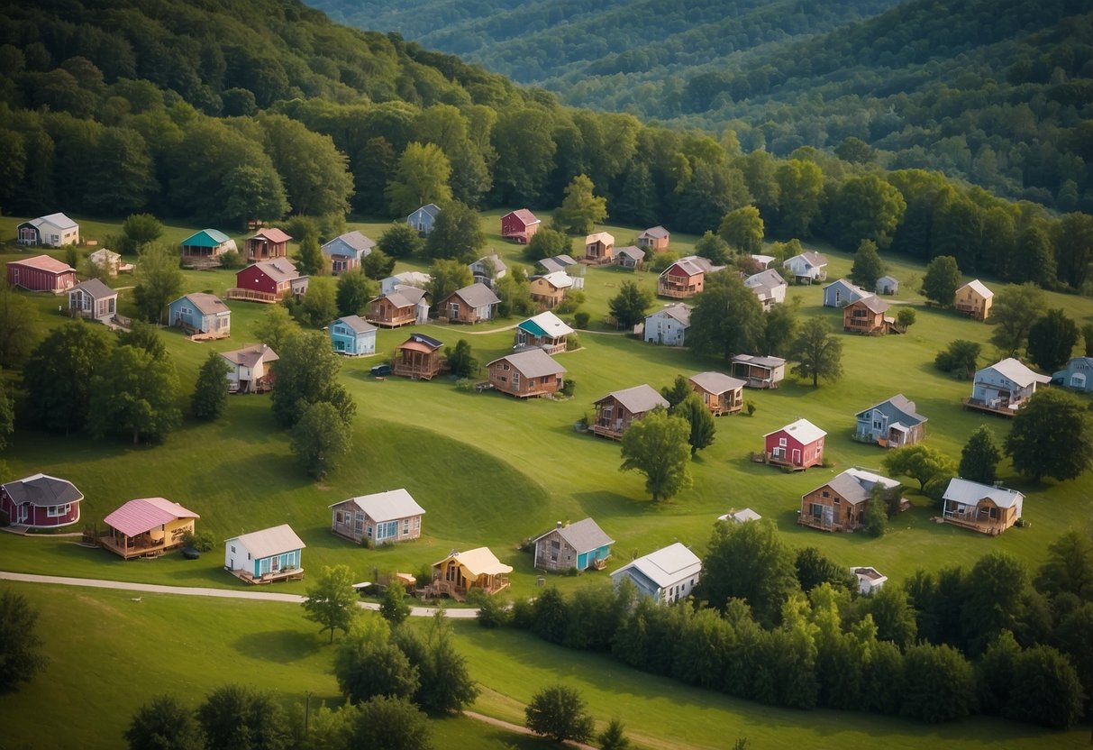 Aerial view of quaint tiny home communities nestled in the rolling hills of Tennessee, surrounded by lush greenery and dotted with colorful, unique tiny homes