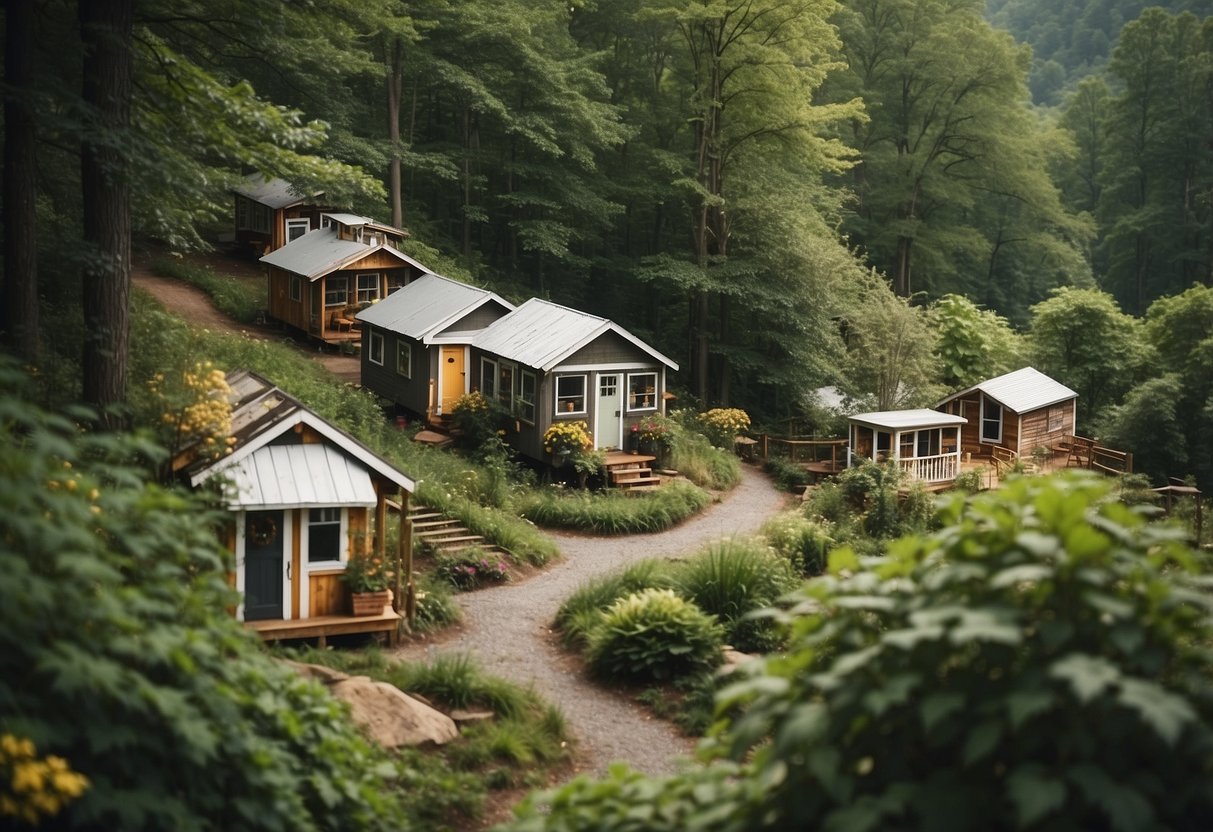 A cluster of tiny homes nestled in a lush Tennessee landscape, with communal spaces and winding pathways