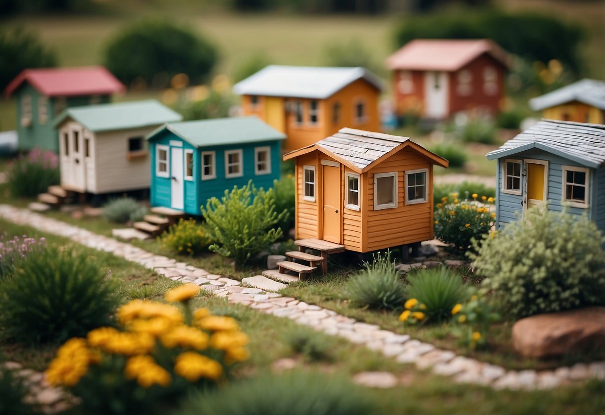 A cluster of colorful tiny homes nestled among the rolling hills of Texas, with communal gardens and gathering areas