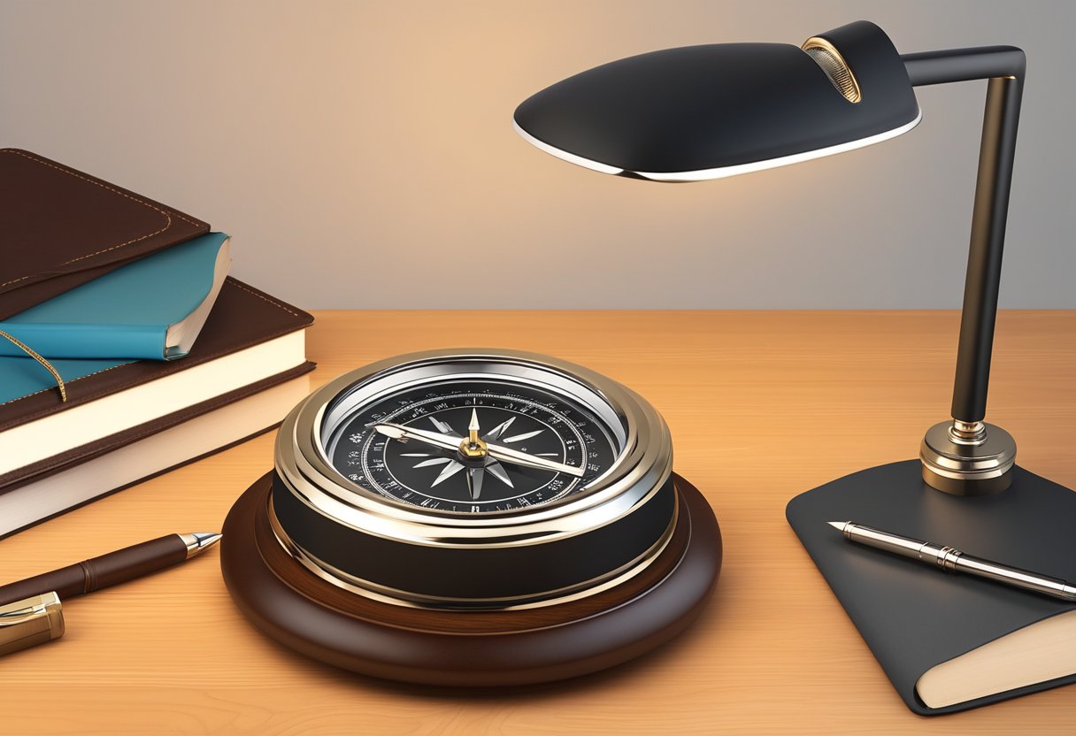 A compass clock sits on a polished wooden desk, surrounded by a leather-bound notebook and a sleek pen. The soft glow of the desk lamp highlights the elegant design of the corporate gift