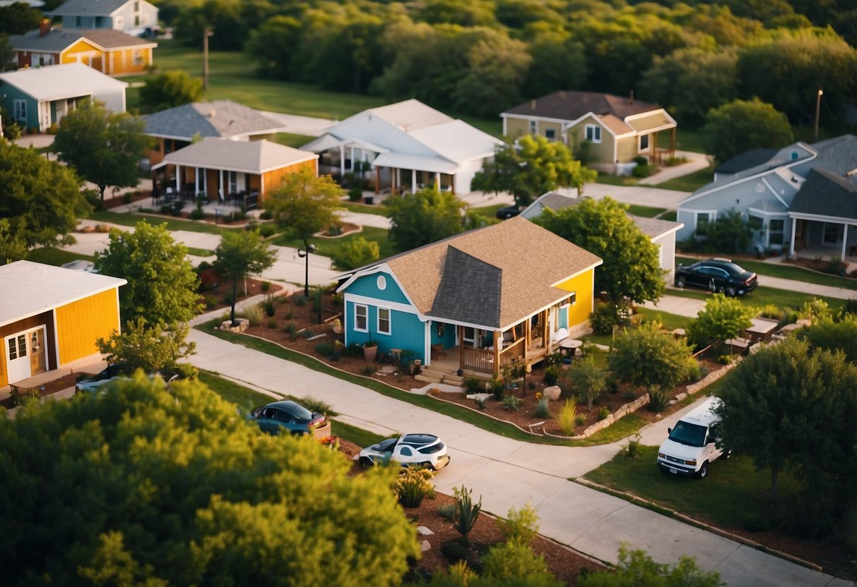 A bustling tiny home community in Texas, with colorful houses nestled among lush greenery. Residents gather at communal areas, enjoying outdoor activities and a sense of close-knit community