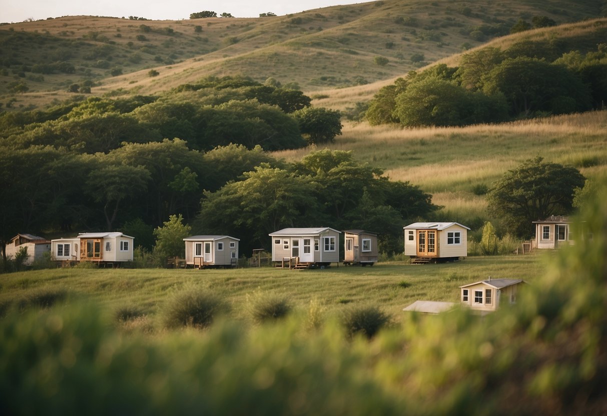 A cluster of tiny homes nestled among the rolling hills of a Texas community, surrounded by lush greenery and a sense of peaceful seclusion