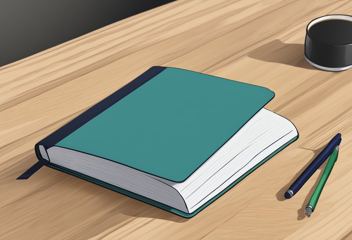 A5 custom notebook on a wooden desk with a pen beside it
