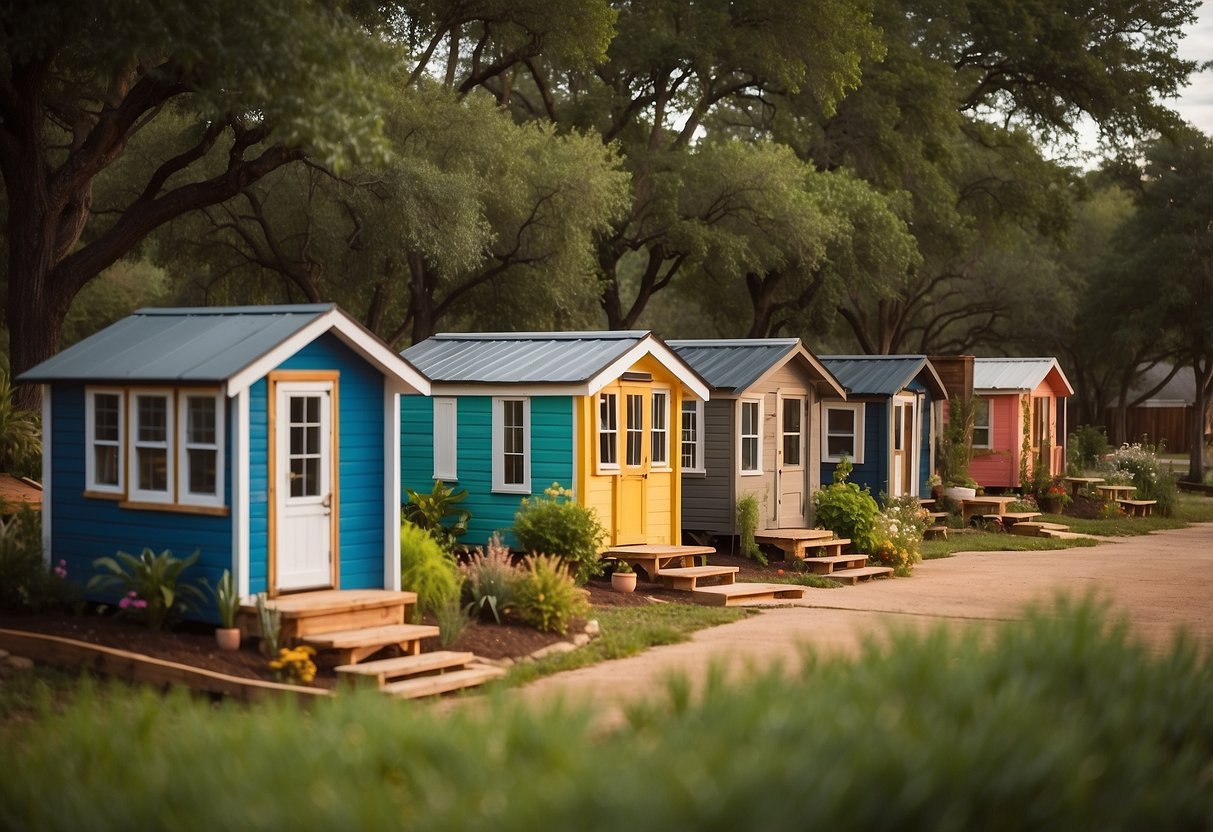 A cluster of colorful tiny homes surrounded by lush greenery in a Texas community. A central gathering area with picnic tables and a fire pit