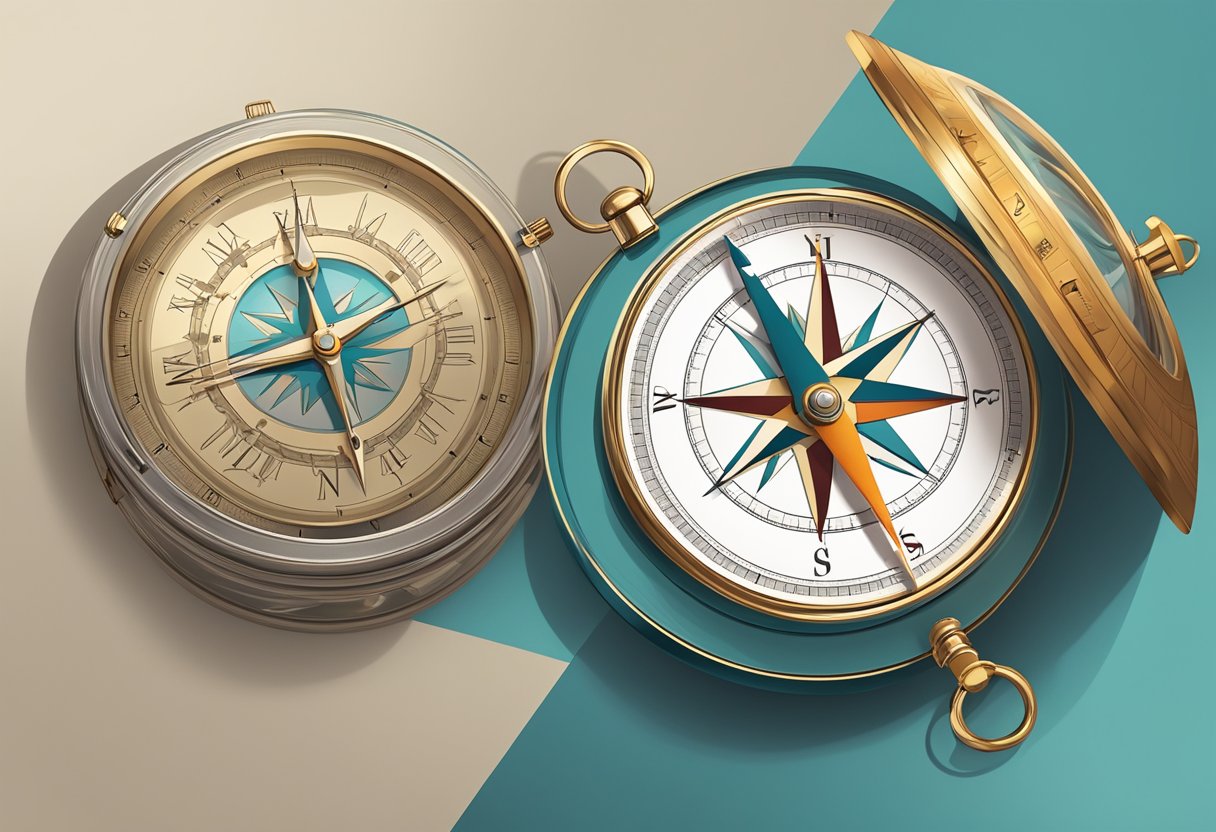 A compass and a clock are intertwined, with a corporate gift box nearby