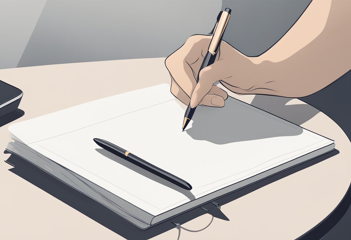 A hand reaches for a sleek, A5 custom notebook on a clean, minimalist desk. The notebook's cover features a simple, elegant design, and a pen rests nearby, ready for use