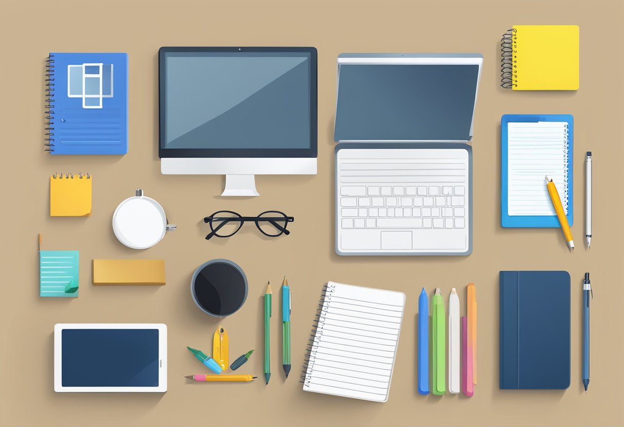 A5 notebook with "Frequently Asked Questions" printed on the cover, surrounded by various office supplies and a computer