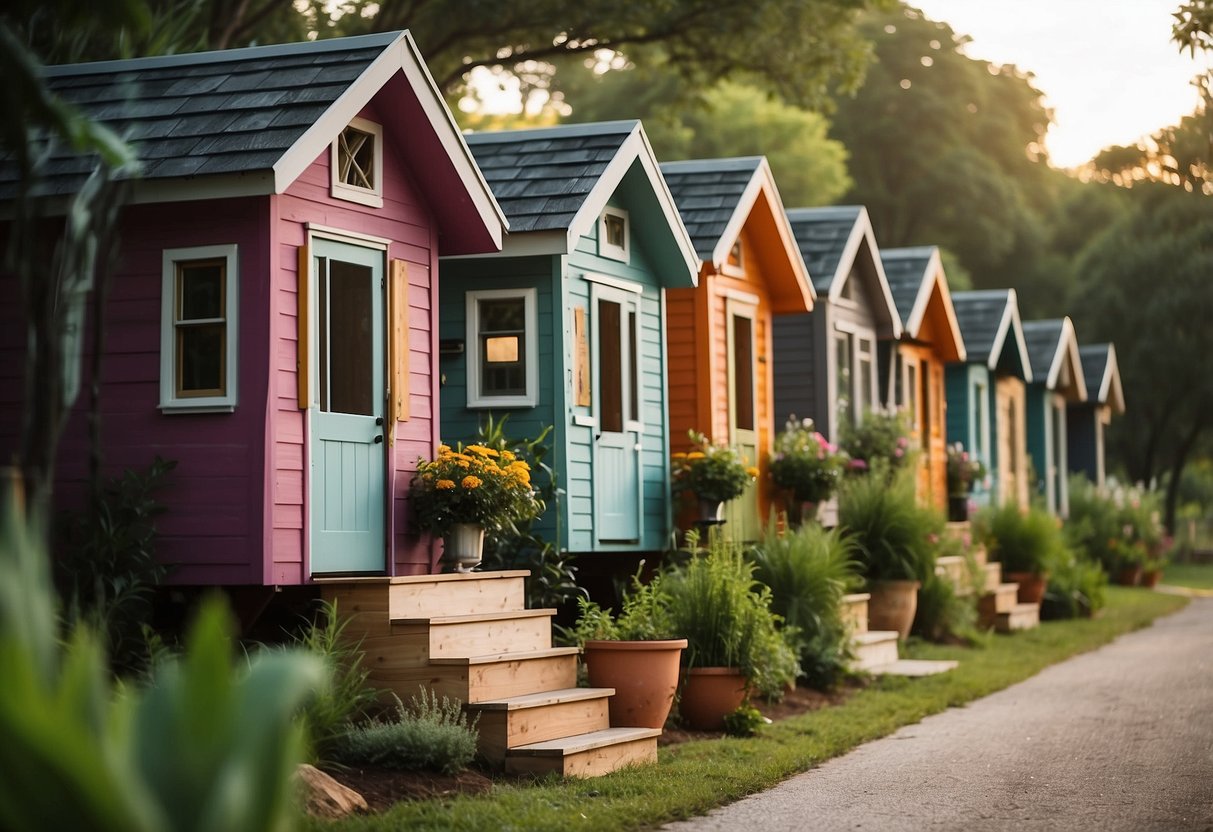 A cluster of colorful tiny homes nestled among lush greenery in a Texas community, each with its own unique design and small front porch