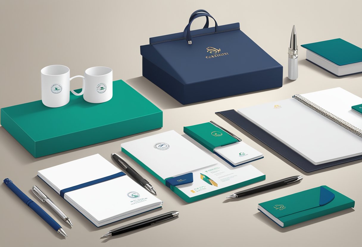 A table displaying branded corporate gifts, including elegant pens, notebooks, and luxury gift boxes. A company logo is prominently featured on each item