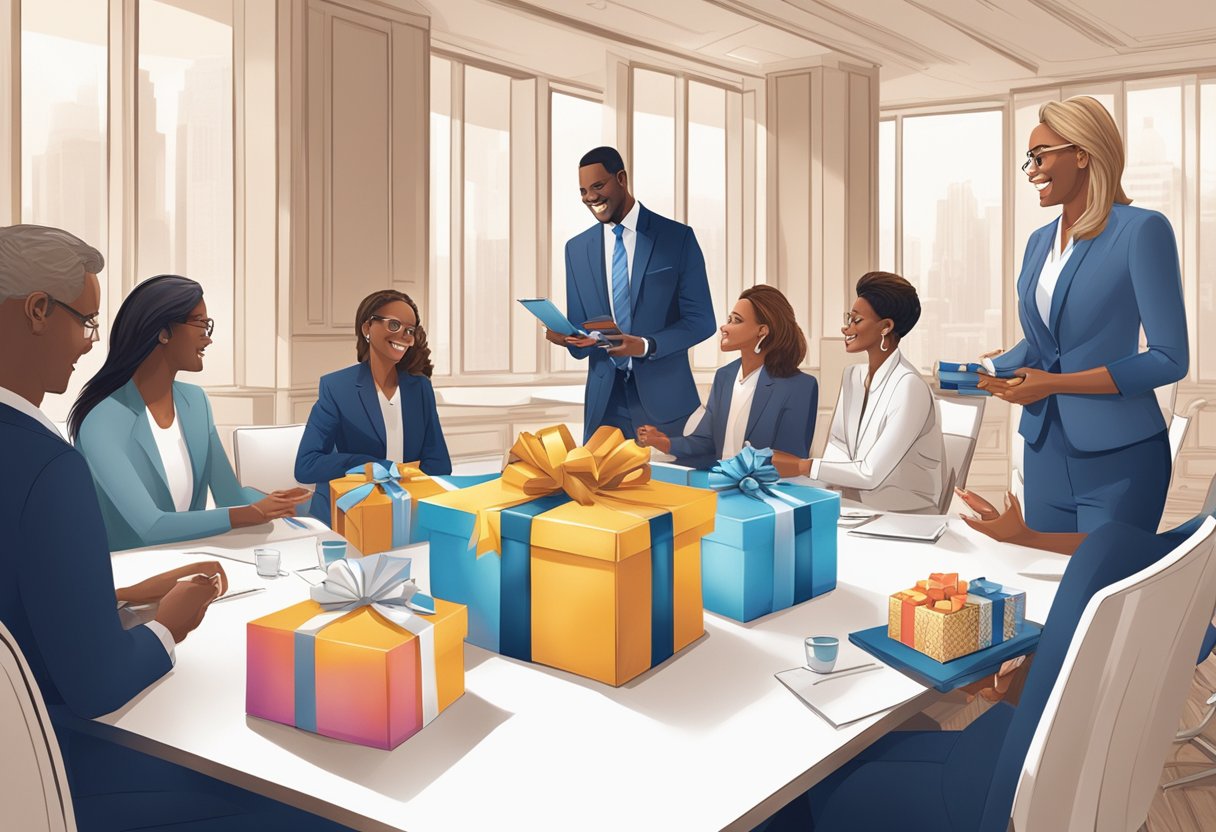 A group of professionals exchanging branded gifts in a boardroom setting. Tables are adorned with elegant gift baskets and promotional items