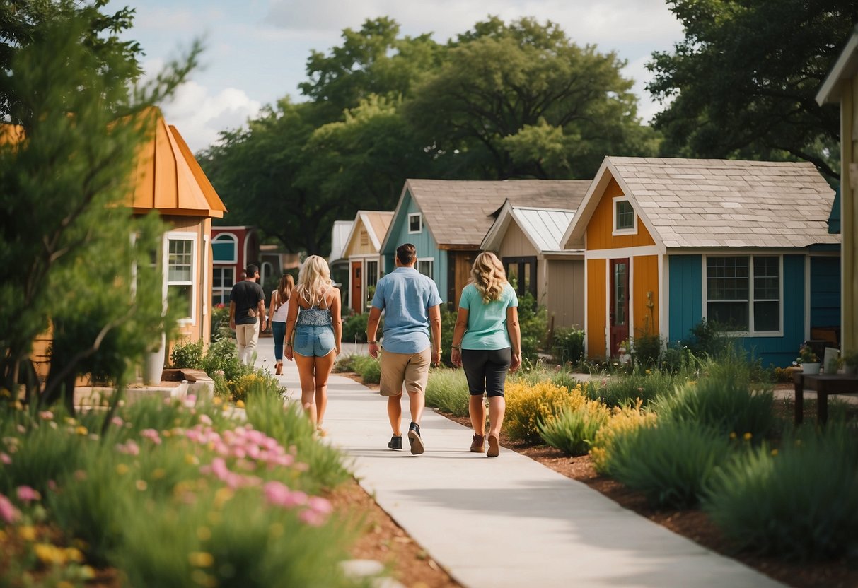 People walking through a Texas tiny home community, surrounded by small, colorful houses and lush greenery