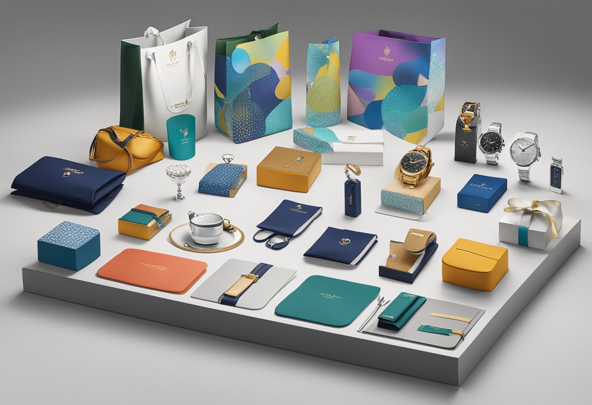 A table displaying various corporate gifts, including branded items and luxury accessories, with a company logo prominently featured