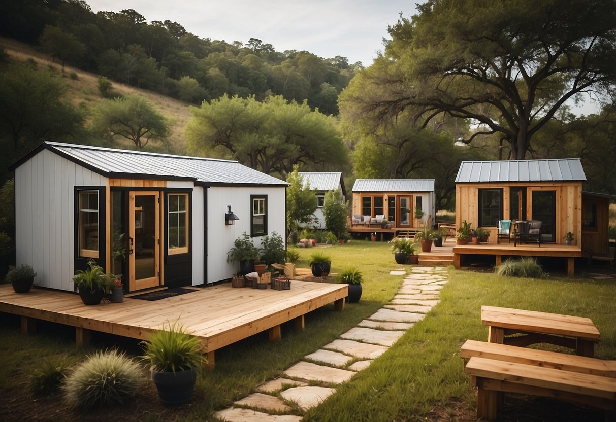 A cluster of cozy tiny homes nestled in a lush Texas landscape, with communal areas for socializing and outdoor activities