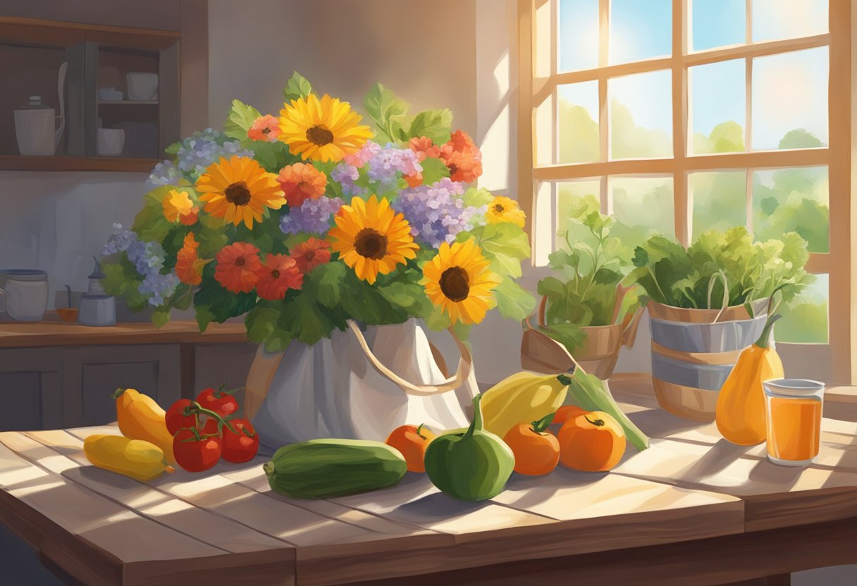 A canvas tote bag sits on a wooden table, filled with fresh produce and a bouquet of flowers. Sunlight streams in through a nearby window, casting a warm glow on the scene