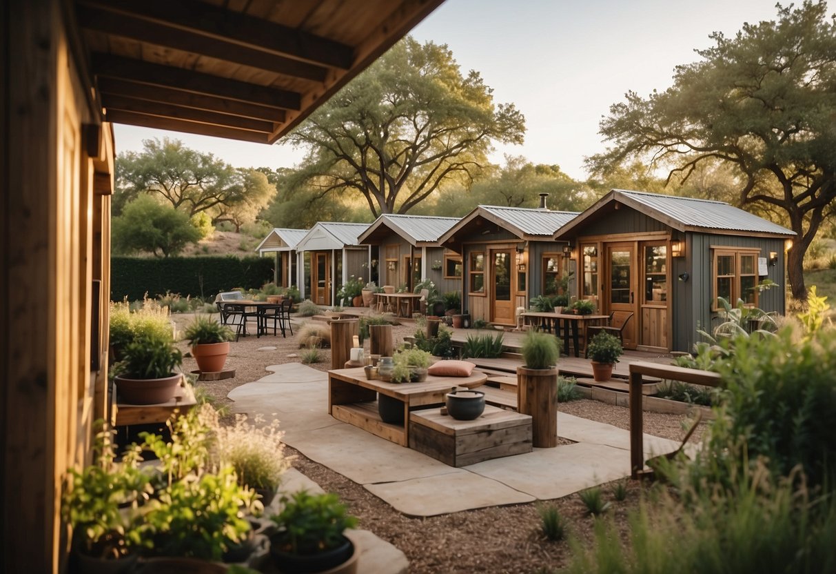 Tiny homes nestled among Texas countryside, with communal spaces and friendly neighbors. A central gathering area and lush greenery create a sense of community