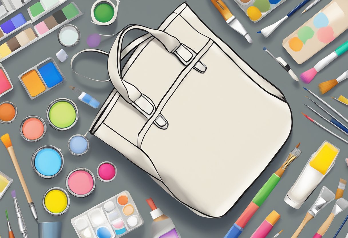 A blank canvas tote bag being painted and customized with various designs and colors