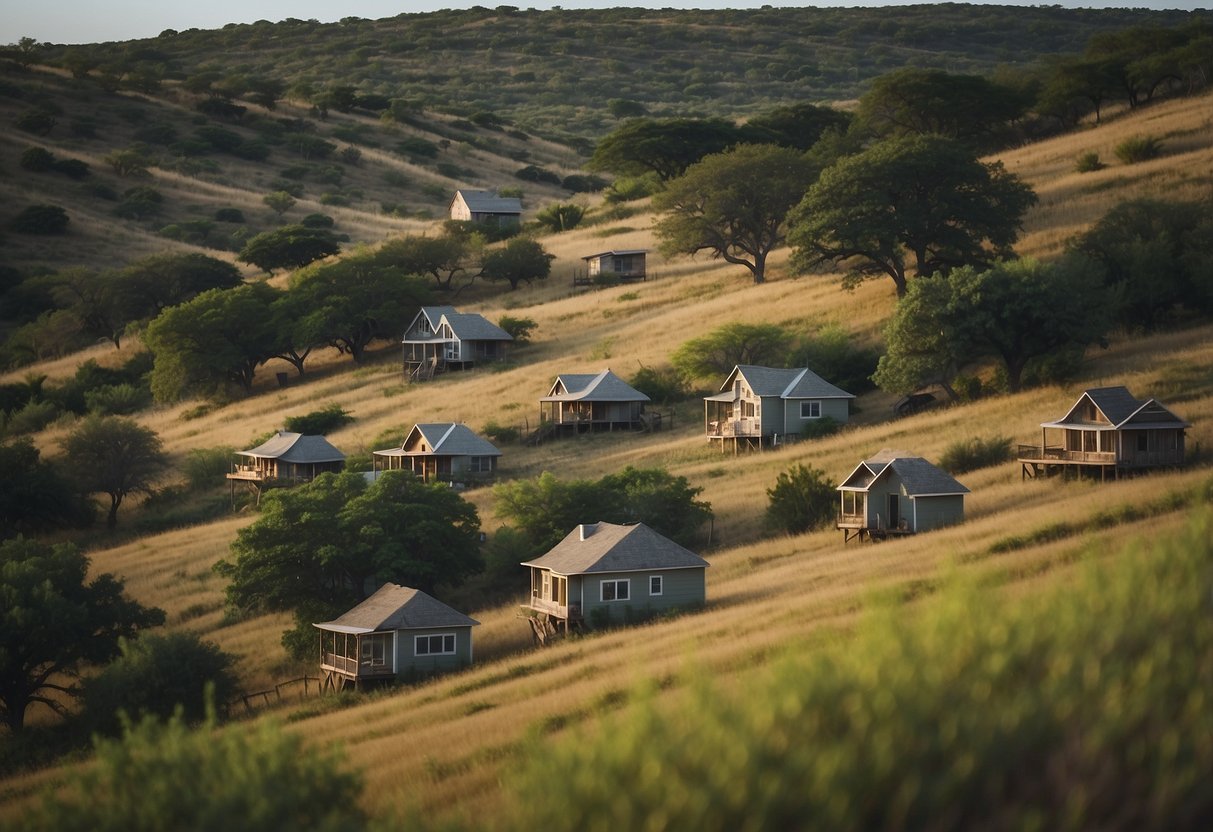 A cluster of small homes nestled among rolling hills and lush greenery in Texas Hill Country