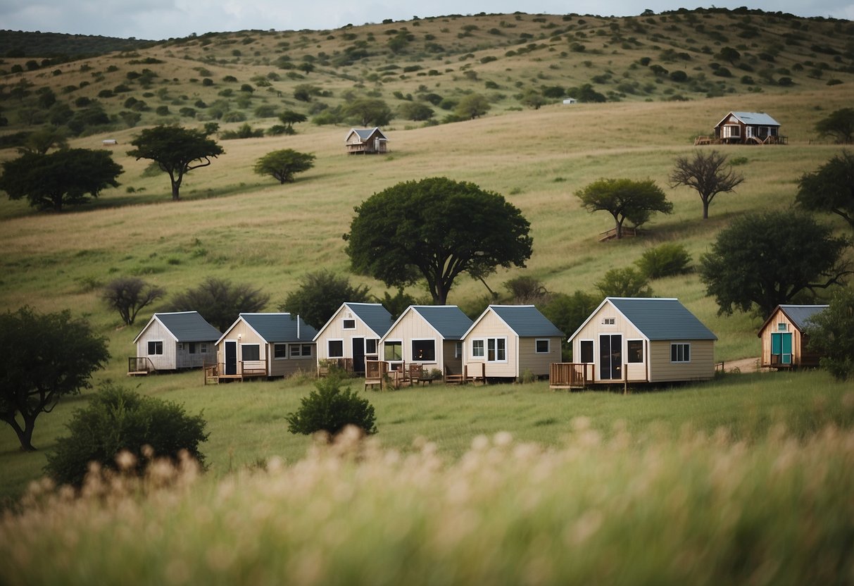 A cluster of tiny homes nestled among rolling hills and lush greenery in Texas Hill Country