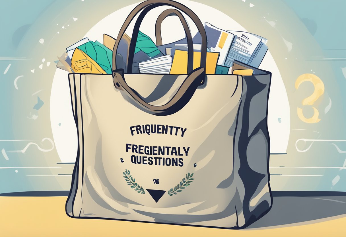 A canvas tote bag with "Frequently Asked Questions" printed on it, surrounded by various question marks and a spotlight shining on it