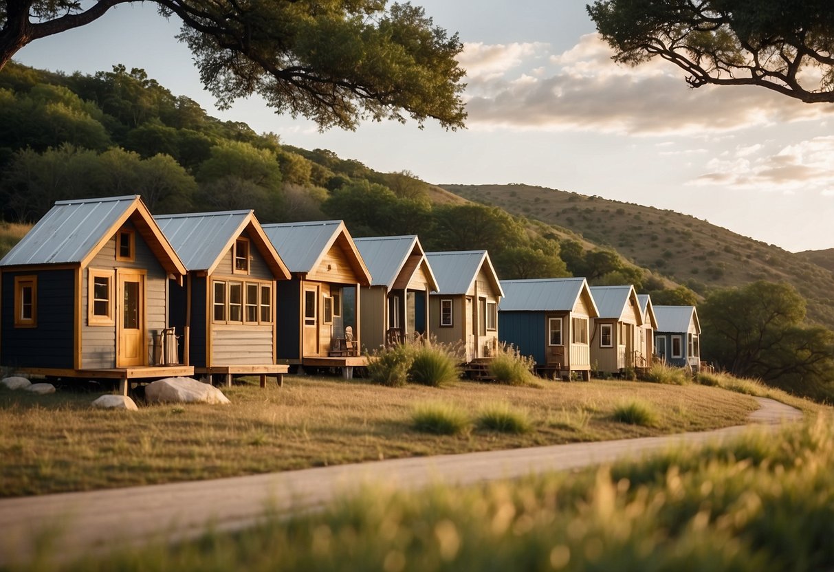 A cluster of tiny homes nestled among rolling hills, each with unique designs and surrounded by lush greenery in a Texas Hill Country community