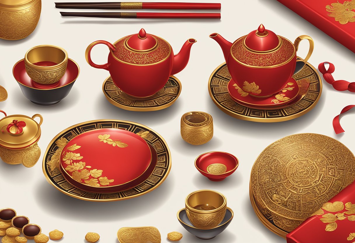 A table adorned with red and gold corporate gifts, including traditional Chinese items like tea sets and calligraphy brushes