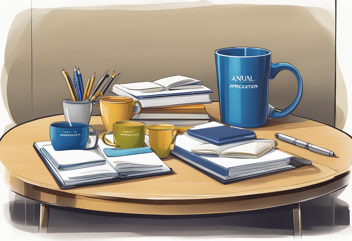 A table displays branded corporate gifts: mugs, notebooks, and pens. A plaque reads "Annual Appreciation Gifts."