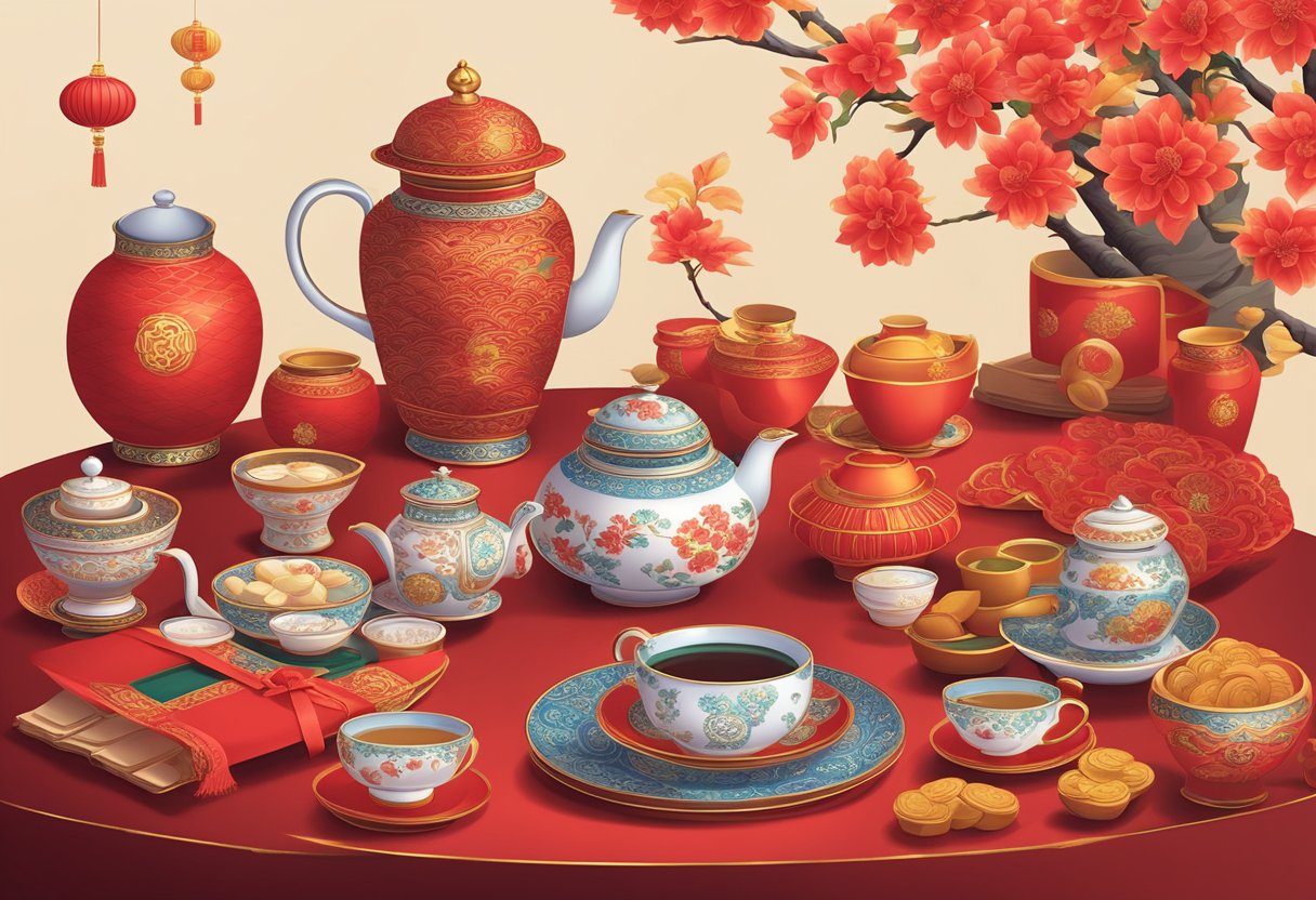 A table adorned with traditional Chinese New Year corporate gift items, including red envelopes, tea sets, and decorative ornaments