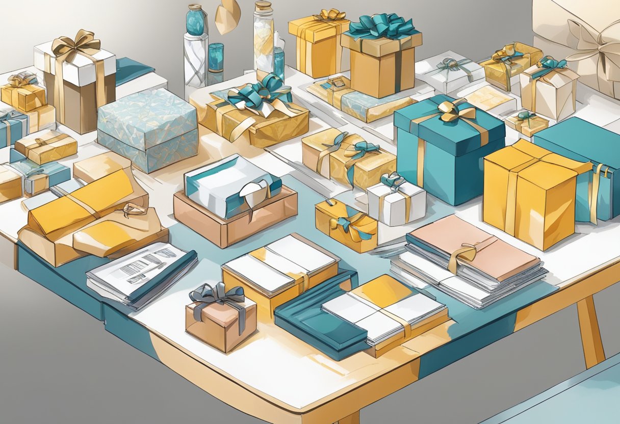 A table with various gift options, including branded items and luxury products, being carefully selected and organized for corporate annual gifts