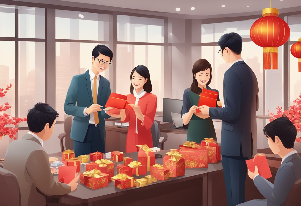 A group of corporate professionals exchange red envelopes and traditional Chinese gifts in a festive office setting for Chinese New Year