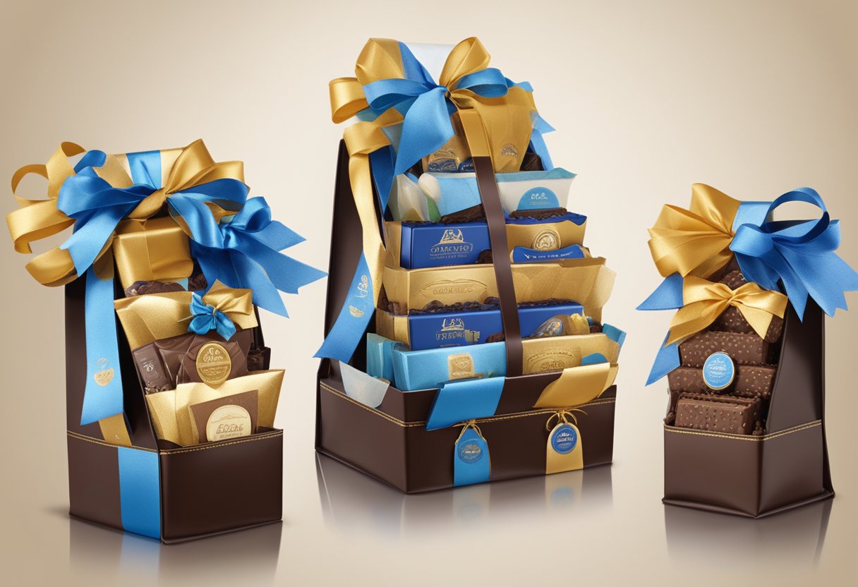 A table displays assorted chocolate gift baskets with elegant packaging and decorative ribbons. The corporate logo is prominently featured on each basket