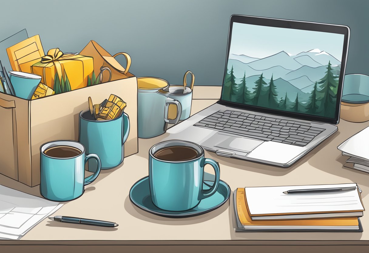 A table with branded corporate gifts: mugs, notebooks, and gift baskets, neatly arranged for distribution