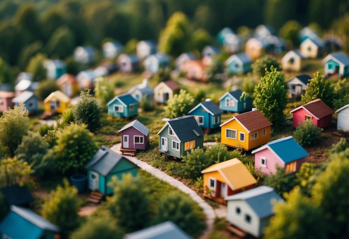 A cluster of colorful tiny homes nestled among lush greenery in a cozy community setting in Houston