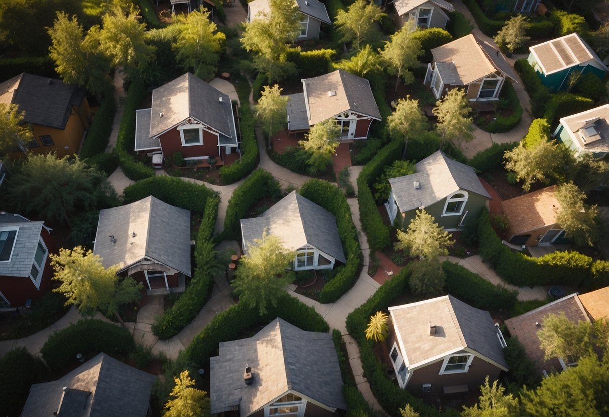 Aerial view of clustered tiny homes in Houston, nestled amidst greenery and connected by winding pathways