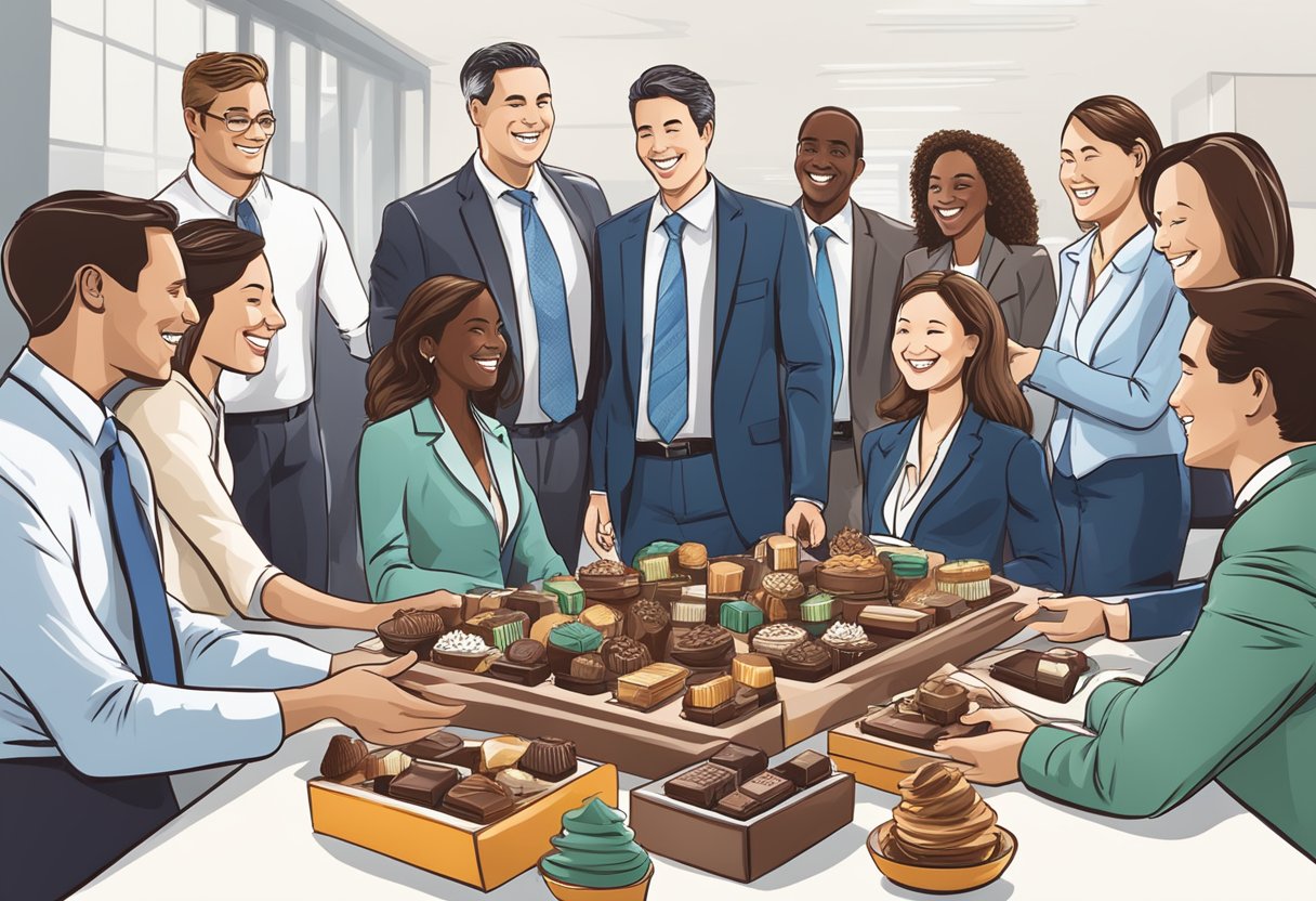 A conference table adorned with corporate chocolate gift baskets, surrounded by smiling business associates exchanging gifts and handshakes